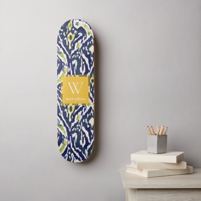 Bold Blue Yellow Abstract Classy Ikat Monogram Skateboard (Wall Art)