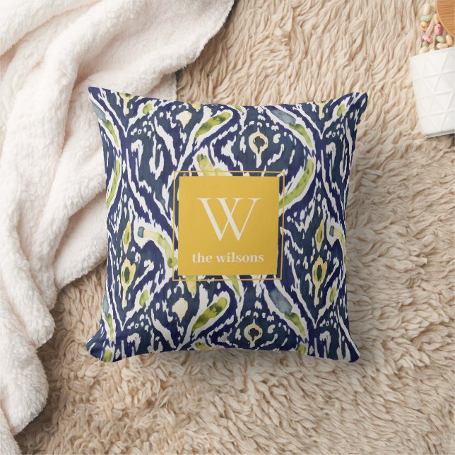 Bold Blue Yellow Abstract Classy Ikat Monogram Throw Pillow (Blanket)