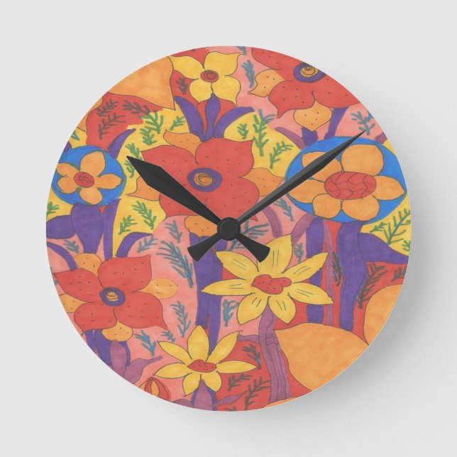 Bold Bohemian Orange Garden Print Round Clock (Front)