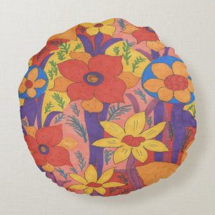 Bold Bohemian Orange Garden Print Round Pillow