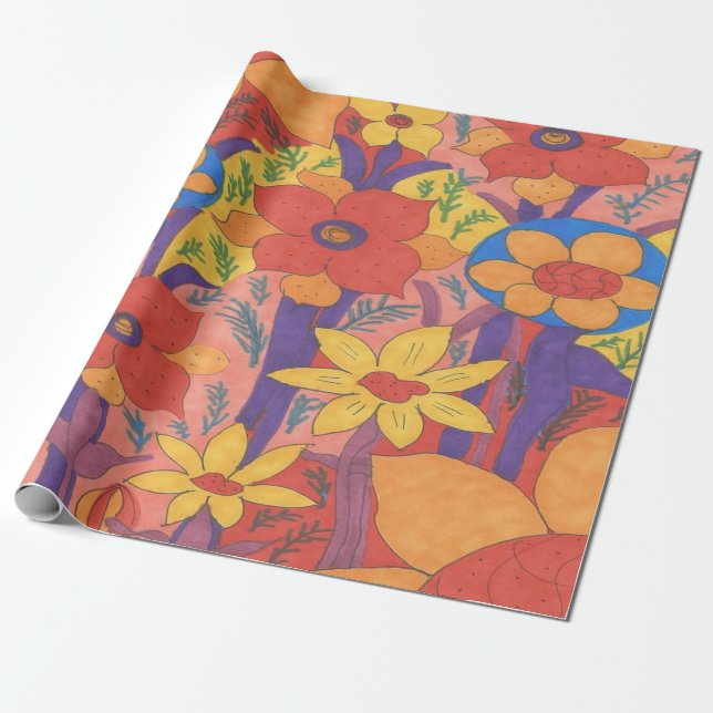 Bold Bohemian Orange Garden Print Wrapping Paper (Unrolled)