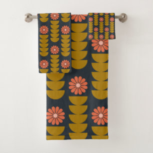 Bold Boho Botanical Geometric Blue Gold  Bath Towel Set
