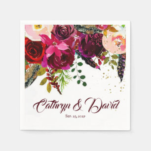 Bold Boho Burgundy Floral Wedding Personalized Napkin