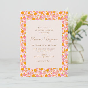 Bold Boho Pink Orange Retro Floral Couples Shower Invitation