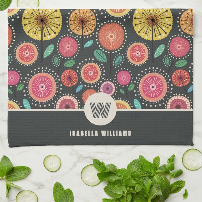 Bold Boho Scandi Folk Flowers Monogram Kitchen Towel (Folded)