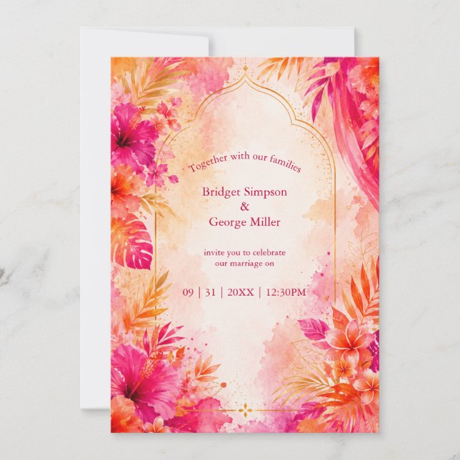 Bold Bollywood Hawaii Arch Tropical wedding Invitation (Front)