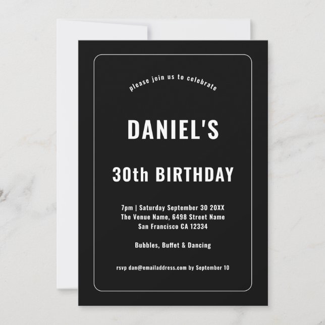 Bold Border White Typography Black 30th Birthday Invitation (Front)