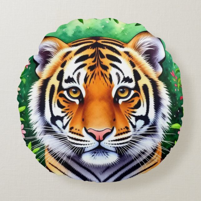 Bold Botanical Tiger cub  Round Pillow (Front)