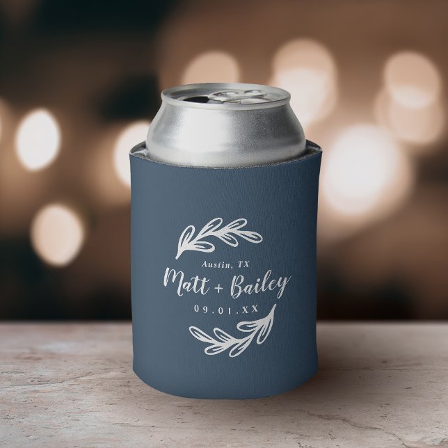 Bold Branch Wedding Monogram | Lake Blue Can Cooler (Creator Uploaded)