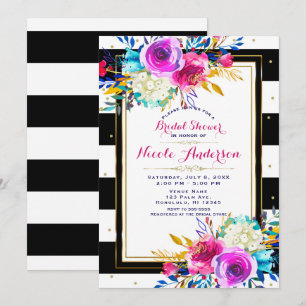 Bold Bright Colourful Floral Black & White Stripes Invitation