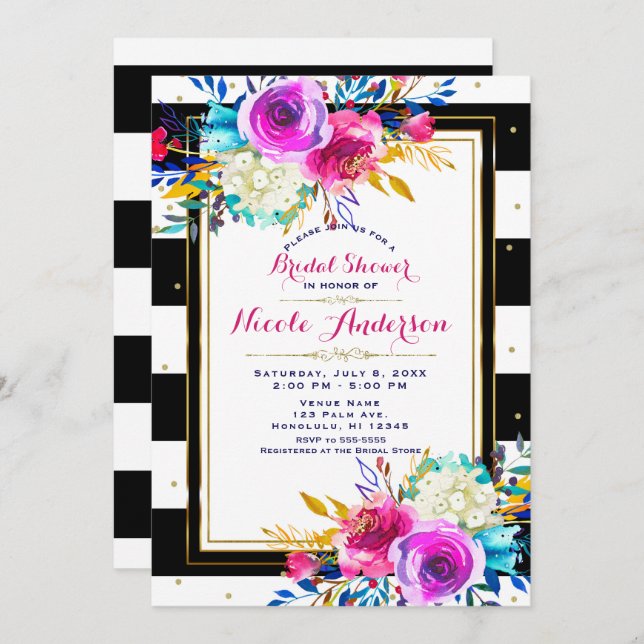 Bold Bright Colourful Floral Black & White Stripes Invitation (Front/Back)