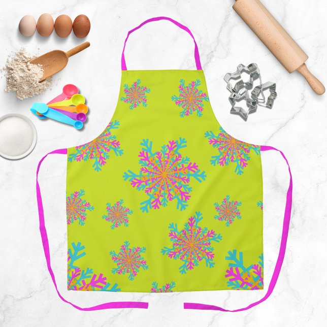 Bold Bright Colourful Snowflakes Modern Christmas Apron (Bright green apron with multicolor snowflakes)