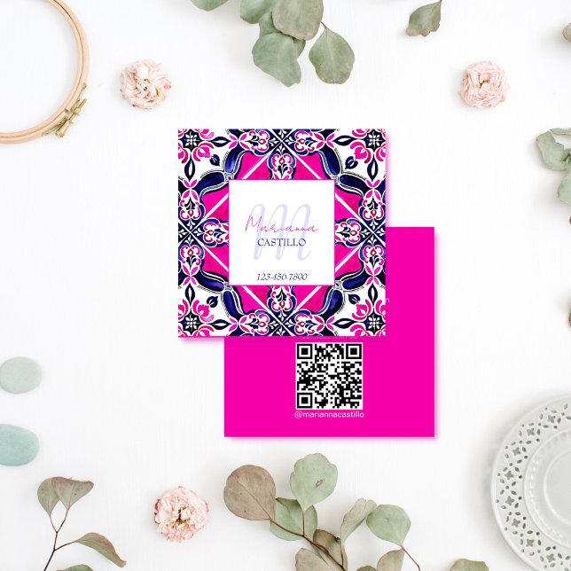 Bold bright colourful unique pink folk template qr square business card (Bold bright colorful unique pink folk tile pattern modern qr code square business card makeup artist)