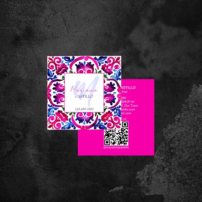 Bold bright colourful unique pink template qr square business card (Bold bright colorful unique pink template qr square business card Mexican Talavera tile pattern pink)