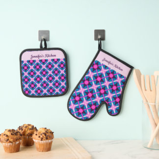 Bold bright colours, Pink, Purple Blue Oven Mitt & Pot Holder Set