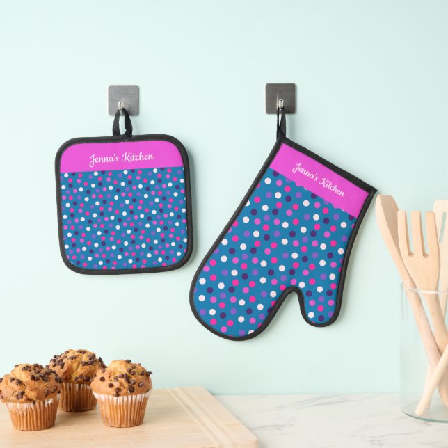 Bold bright colours, Pink, Purple Blue Oven Mitt & Pot Holder Set (Insitu(Hanging))