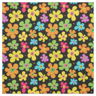 Bold Bright Flowers Pattern on Black Fabric