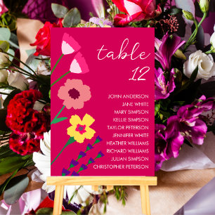 Bold & Bright Fuchsia Pink Colourful Floral Weddin Table Number