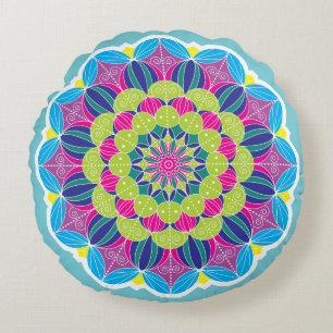 Bold Bright Funky Neon Mandala Round Pillow