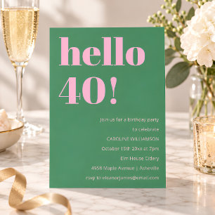 Bold Bright Modern Retro Pink Green 40th Birthday Invitation