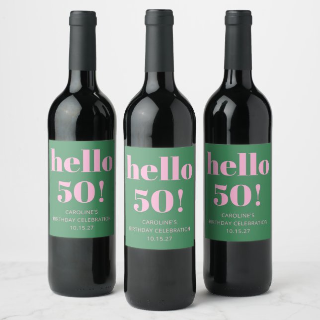 Bold Bright Modern Retro Pink Green 50th Birthday Wine Label (Bottles)