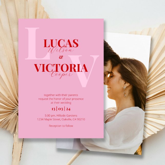 Bold Bright Pink and Red Photo Wedding Invitation (Creator Uploaded)