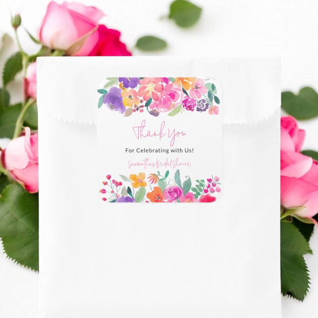 Bold bright pink floral watercolor bridal shower square sticker (Bold bright pink floral watercolor bridal shower square sticker)