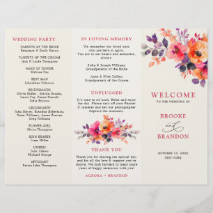 Bold Bright Pink Orange  Tri fold wedding Program 