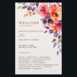 Bold Bright Pink Orange Watercolor Floral  Program<br><div class="desc">This stunning wedding program card features a bold and artistic watercolor floral arrangement bursting with rich hues. The top right corner showcases hand-painted blooms in vibrant coral pink, tangerine orange, deep plum, mulberry purple, and midnight navy, softened by delicate dusty mauve and muted lavender foliage. The white background creates a...</div>