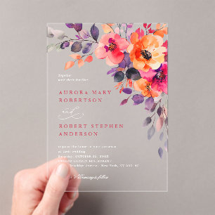Bold Bright Pink Orange Watercolor Floral Wedding Acrylic Invitations