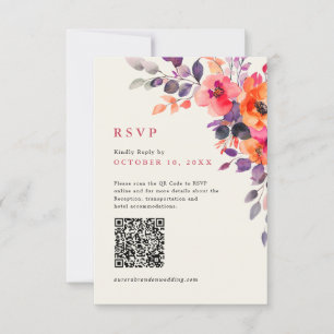 Bold Bright Pink Orange Watercolor  QR code Photo RSVP Card