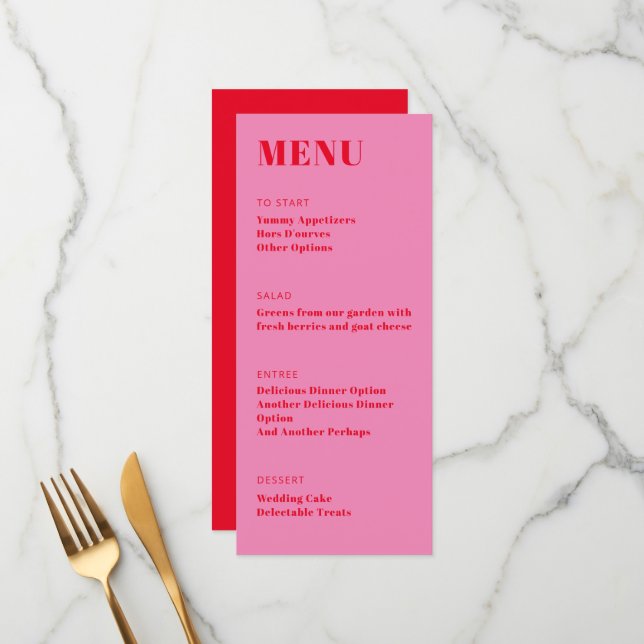 Bold Bright Pink Red Modern Minimalist Dinner  Menu (Front/Back In Situ)