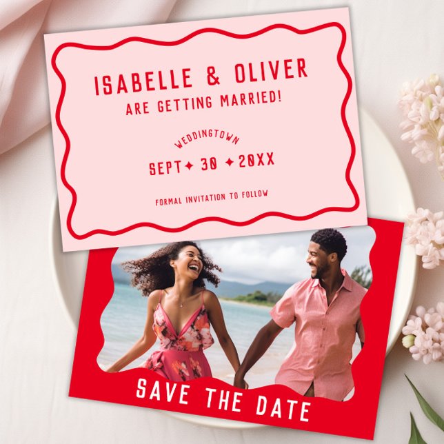 Bold Bright Pink Red Squiggle Wavy Retro Photo Save The Date (Bold Bright Pink Red Squiggle Wavy Retro Photo Save The Date)