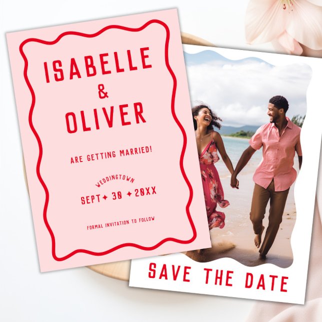 Bold Bright Pink Red Squiggle Wavy Retro Photo Save The Date (Bold Bright Pink Red Squiggle Wavy Retro Photo Save The Date)