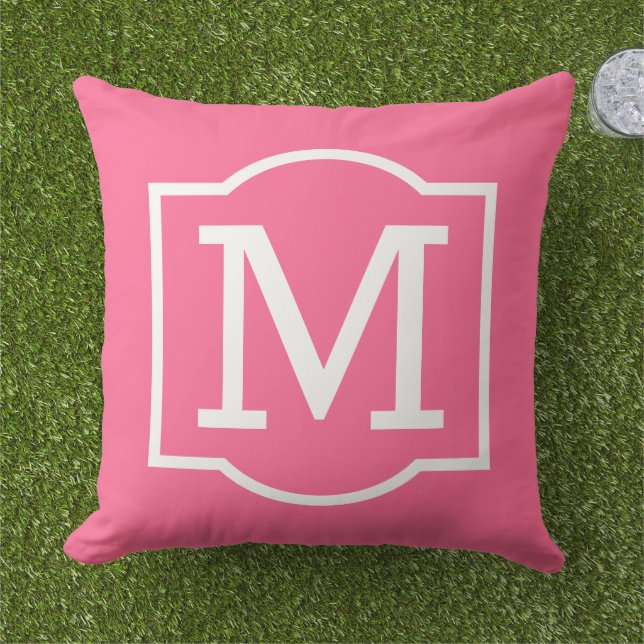 Bold Bright Pink White Bracket Monogram Outdoor Pillow (Grass)