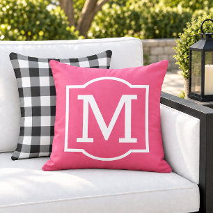 Bold Bright Pink White Bracket Monogram Outdoor Pillow
