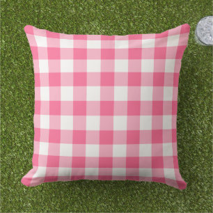 Bold Bright Pink White Gingham Plaid Check Outdoor Pillow