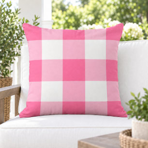 Bold Bright Pink White Large Gingham Check Outdoor Pillow