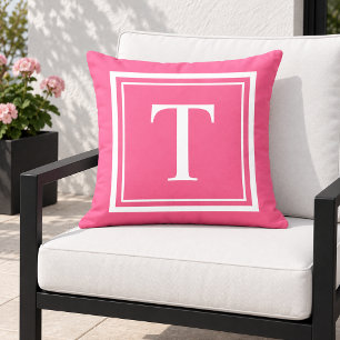Bold Bright Pink White Square Frame Monogram Outdoor Pillow