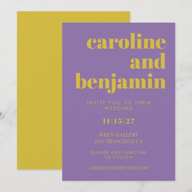 Bold Bright Purple and Yellow Modern Wedding Invit Invitation (Front/Back)