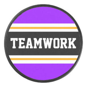 Bold Bright Purple Black TEAMWORK Racing Stripes Hockey Puck