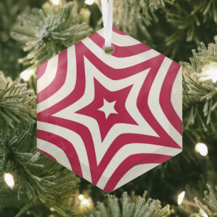 Bold & Bright Red & White Star in a Vector Pattern Glass Ornament