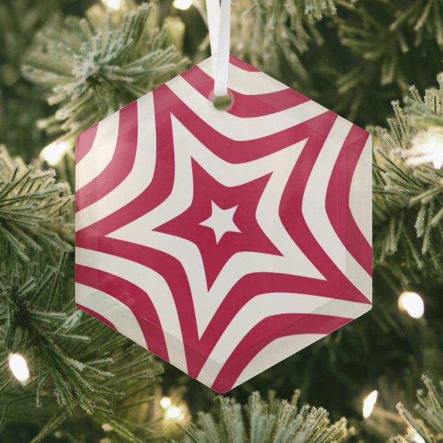 Bold & Bright Red & White Star in a Vector Pattern Glass Ornament (Insitu)