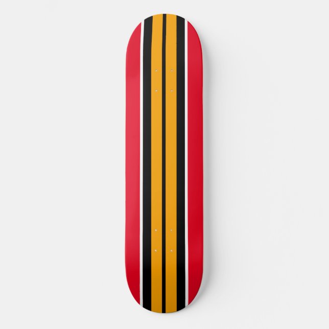 Bold Bright Red Yellow Orange Black Racing Stripes Skateboard (Front)