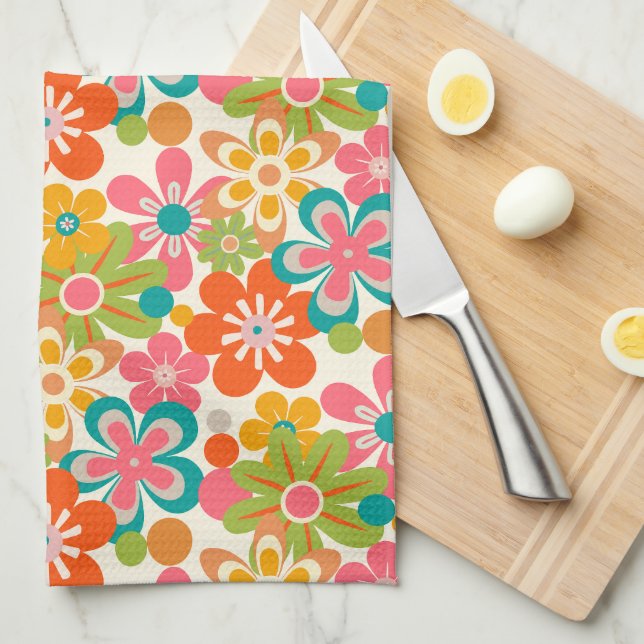 Bold Bright Retro Abstract Flower Pattern Kitchen Towel (Quarter Fold)