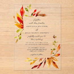 Bold Bright Watercolor Autumn Leaves Wedding Acrylic Invitations