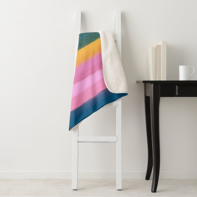 Bold Bright Watercolor Stripes Colourful Stylish Sherpa Blanket (In Situ)