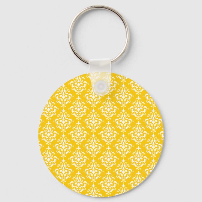 BOLD BRIGHT YELLOW VINTAGE DAMASK PATTERN 1 KEYCHAIN (Front)