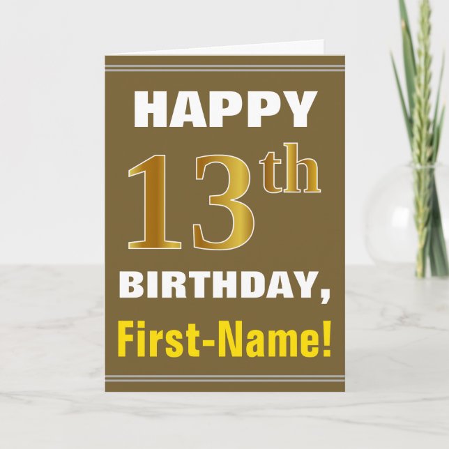 Bold, Brown, Faux Gold 13th Birthday w/ Name Card (Front)