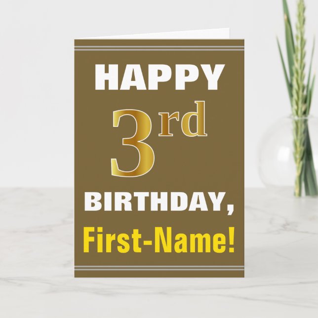Bold, Brown, Faux Gold 3rd Birthday w/ Name Card (Front)